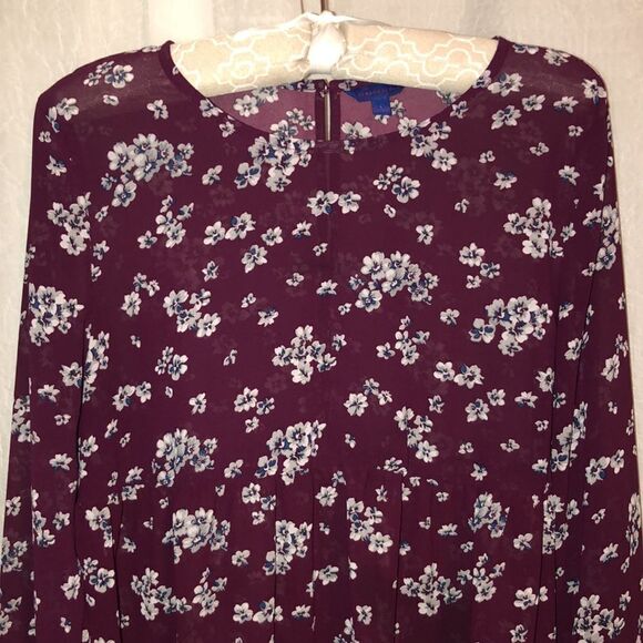 Aeropostale L Burgundy White Gray Blue Floral Baby Doll Long Bell Sleeve Blouse - Picture 7 of 16